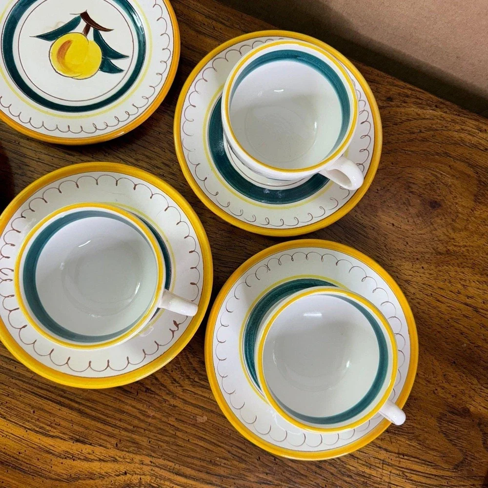 Stangl Pottery Fruit‎ Lemon Brown Trim 9-Pc Teacup Saucer & bread plates